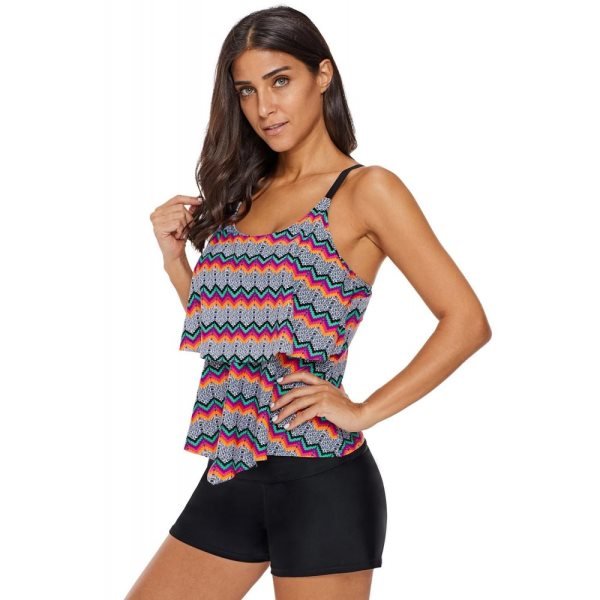 Tribal Print Ruffled Layered Tankini Top