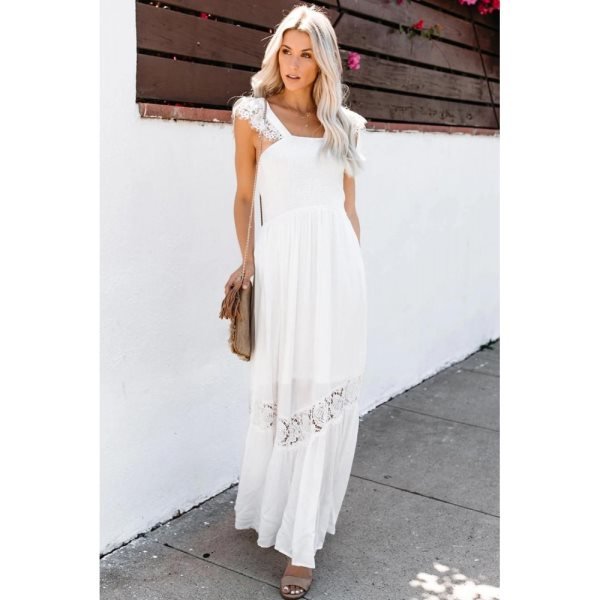 White Summer Smocked Lace Maxi Dress