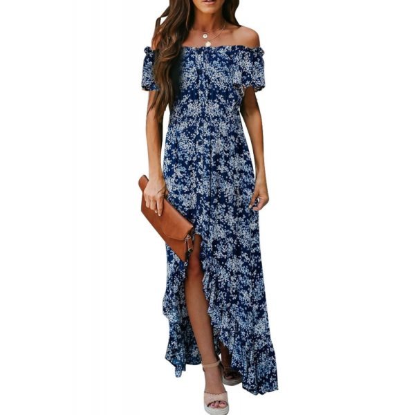 Blue Off The Shoulder High Low Maxi Dress