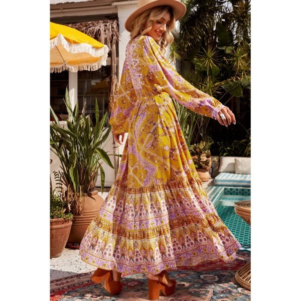 Boho Floral Print Drawstring Ruffled Long Sleeve Maxi Dress