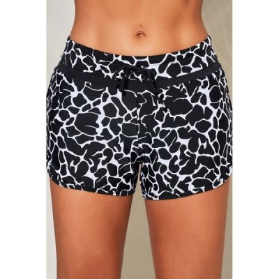 Black Patter Print Drawstring High Waist Swimming Shorts