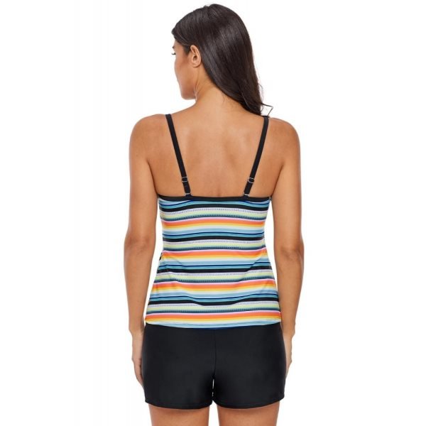 Rainbow Striped Split Overlay Tankini Swim Top