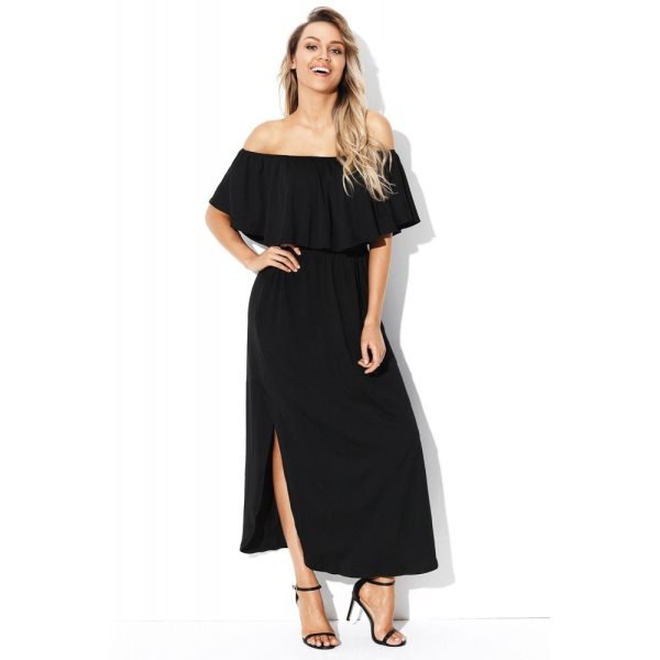 Black Flounce Off Shoulder Maxi Jersey Dress