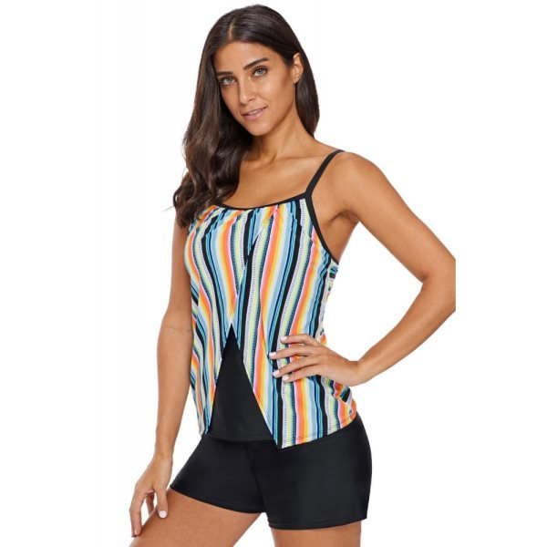 Rainbow Striped Split Overlay Tankini Swim Top