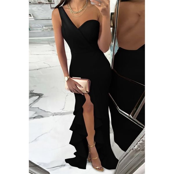 Black One-shoulder Cascading Split Evening Party Maxi Dress