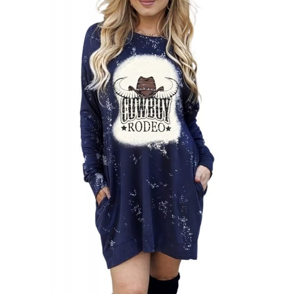 Blue COWBOY RODEO Steer Head Print Long Sleeve Mini Dress