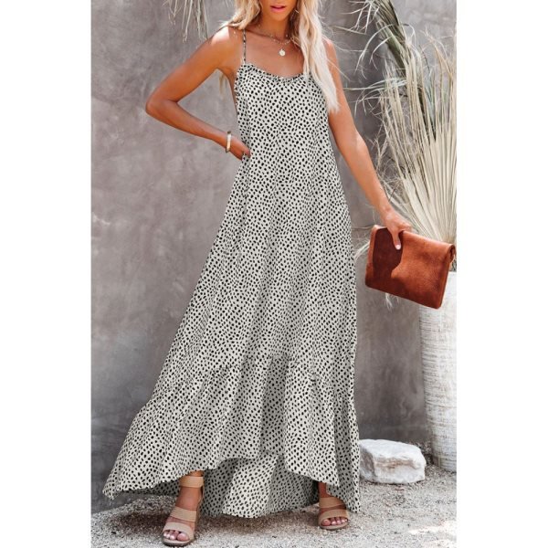 White Bohemian Polka Dot Printed High Low Ruffle Maxi Dress