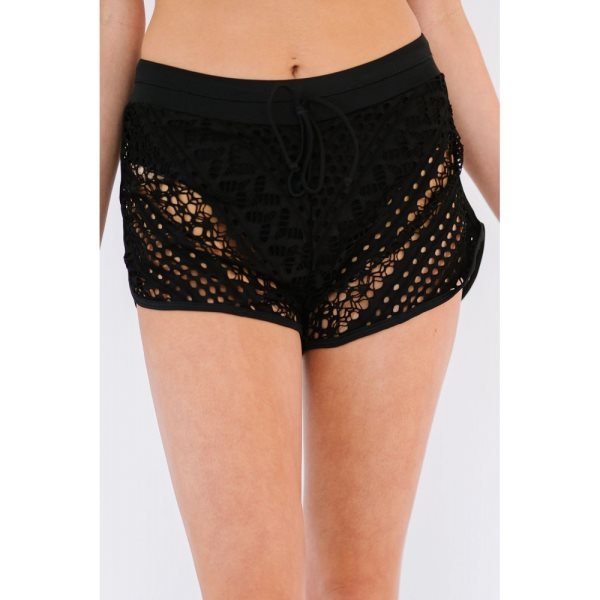 Black Hollow Out Lace Overlay Swim Short Bottom