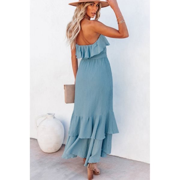 Sky Blue Off Shoulder Ruffled High Low Drawstring High Waist Maxi Dress