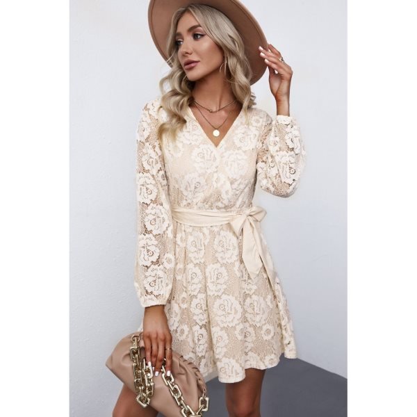 Apricot Wrap-V-Neck Belted Crochet Lace Mini Dress