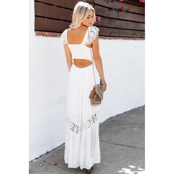 White Summer Smocked Lace Maxi Dress