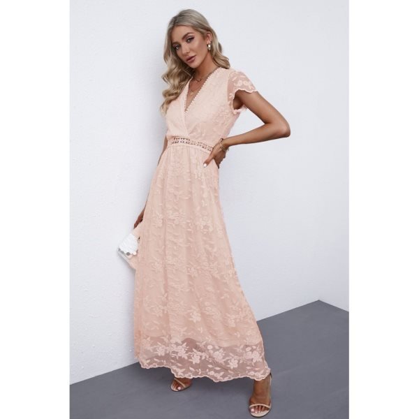 Pink V Neck Lace Maxi Dress