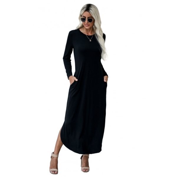 Black Pocketed Cotton Dress with Slit