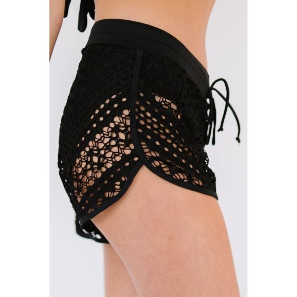 Black Hollow Out Lace Overlay Swim Short Bottom