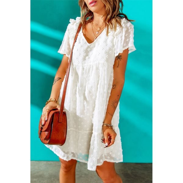 White Swiss Dot Ruffled V Neck Babydoll Mini Dress