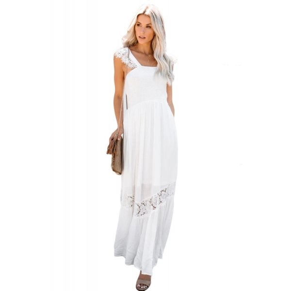 White Summer Smocked Lace Maxi Dress