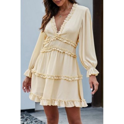 Beige V Neck Ruffle Detailing Open Back Dress