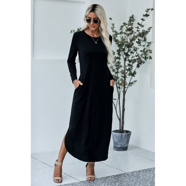 Black Pocketed Cotton Dress with Slit