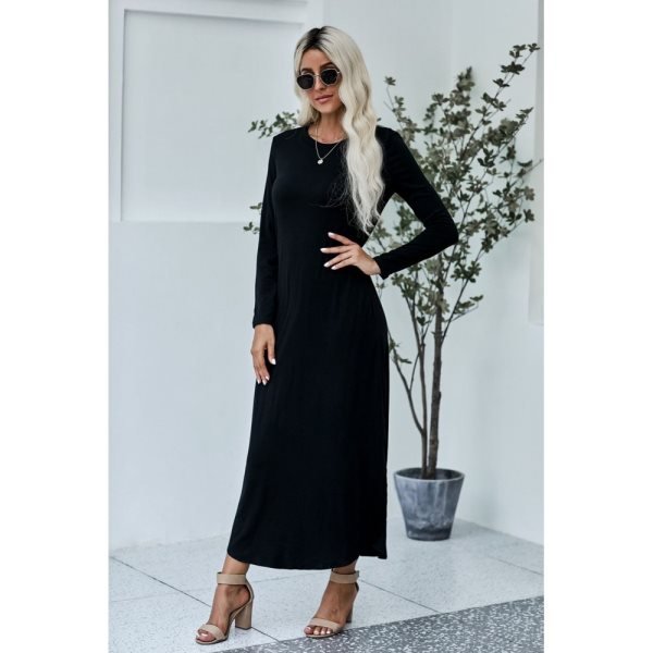 Black Pocketed Cotton Dress with Slit