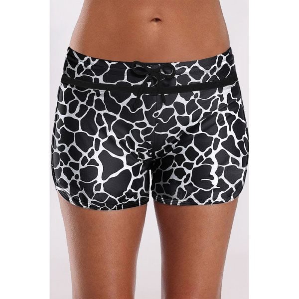 Black Patter Print Drawstring High Waist Swimming Shorts