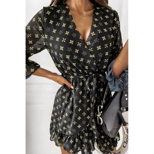 Pattern Printed Wrap V Neck Tie Waist Ruffled Hemline Mini Dress