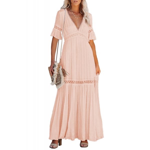 Swiss Dot Lace Trim Maxi Dress