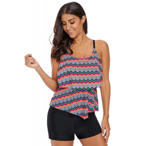 Tribal Print Ruffled Layered Tankini Top