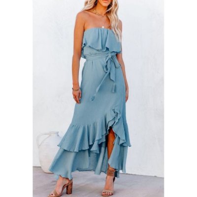 Sky Blue Off Shoulder Ruffled High Low Drawstring High Waist Maxi Dress