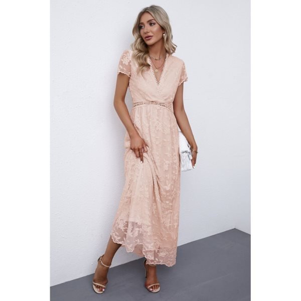 Pink V Neck Lace Maxi Dress