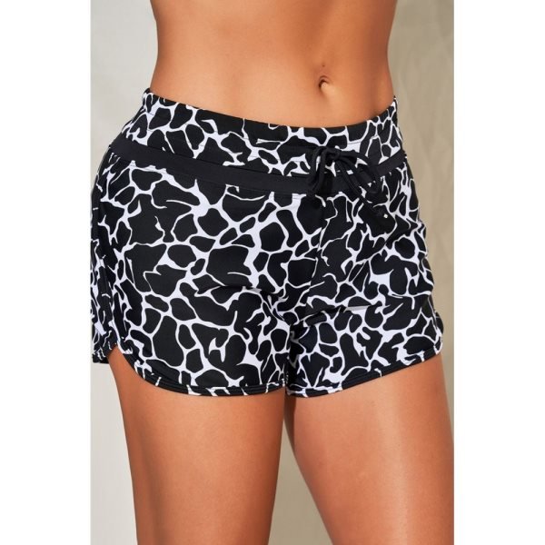 Black Patter Print Drawstring High Waist Swimming Shorts