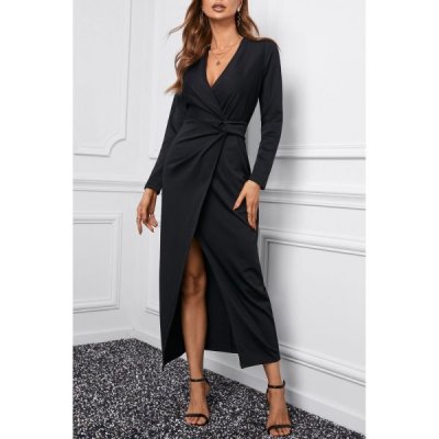 Black Long Sleeve V Neck Twist Front Slit Long Dress