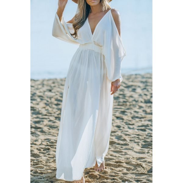 White Cold Shoulder Side Slit Deep V Neck Maxi Dress