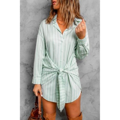 Striped Tie Front Button Shirt Tunic Dress