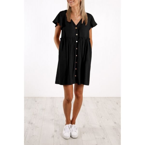 Black V Neck Buttoned Empire Waist Babydoll Mini Dress