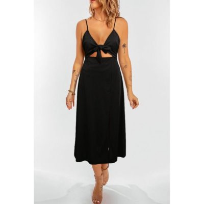 Black Side Slit Bow Knot Spaghetti Strap Maxi Dress