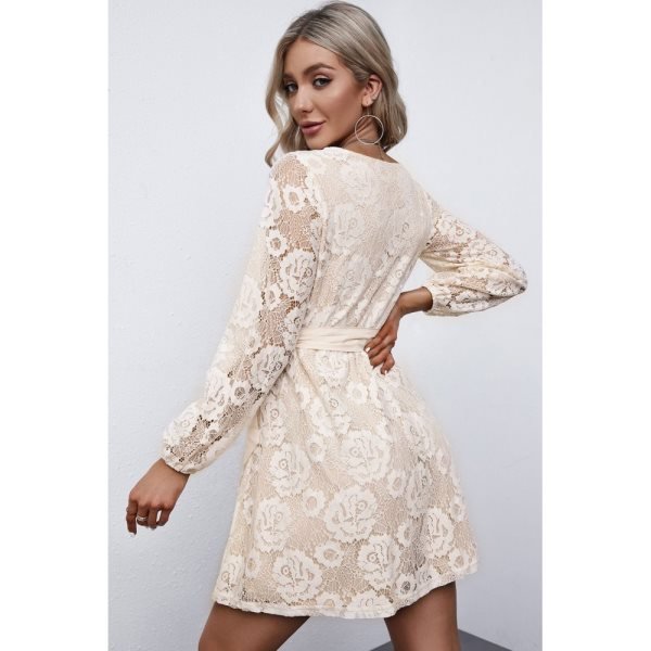 Apricot Wrap-V-Neck Belted Crochet Lace Mini Dress